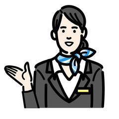 笑顔で説明をしている客室乗務員の若い女性
