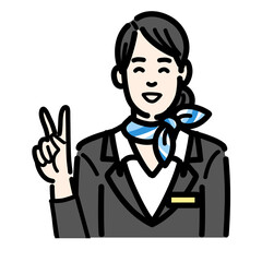 笑顔でピースサインをしている客室乗務員の若い女性

