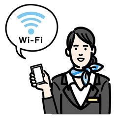 Fototapeta na wymiar スマートフォンを持ってWi-Fiの説明をしている客室乗務員の若い女性 