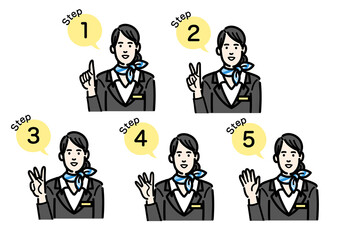 工程を説明する客室乗務員の若い女性のセット
