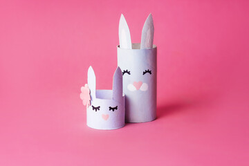 DIY bunny for kids Art from paper tube. Easter home activities. Handmade cute toy rabbits. Reuse concept