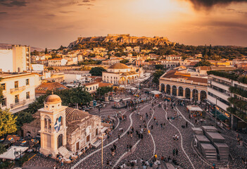 aerial panoramic view of Monastiraki square and the Acropolis at sunset in Athens  Greece