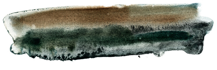 Mancha de pintura con textura, aislada sobre fondo blanco. Trazo abstracto fluido con acuarela y trazo de forma alargada. Colores marrones, grises y negros