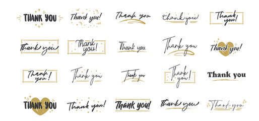 Thank you lettering. Black text word with gold stars. Hand drawn message design. Handwritten modern brush typo isolated vector. Scratched calligraphy style.