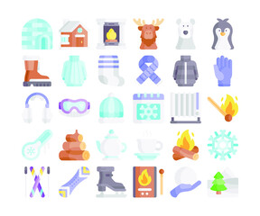 Simple set of 30 Winter Icons in detailed flat style