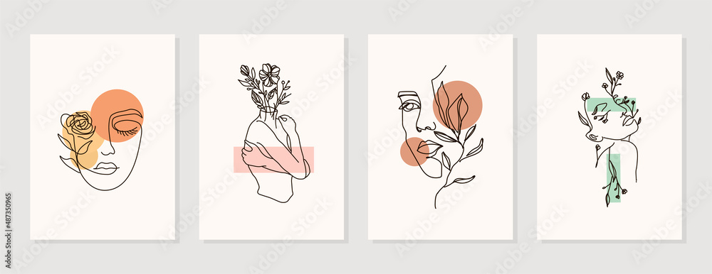 Wall mural Modern abstract line minimalistic women faces arts set with different shapes for wall decoration, postcard or brochure cover design. Different woman faces. One line art. Vector illustrations design