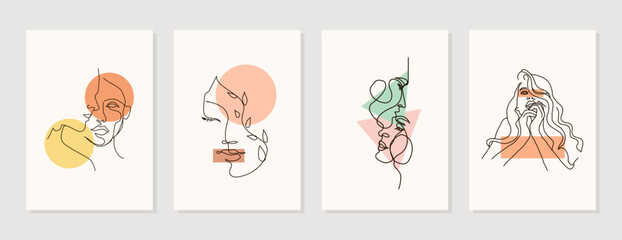 Modern abstract line minimalistic women faces arts set with different shapes for wall decoration, postcard or brochure cover design. Different woman faces. One line art. Vector illustrations design © Andrii