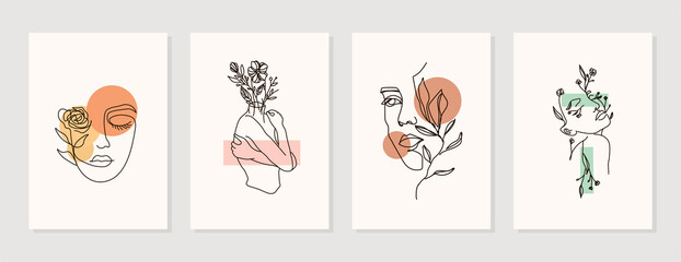 Modern abstract line minimalistic women faces arts set with different shapes for wall decoration, postcard or brochure cover design. Different woman faces. One line art. Vector illustrations design