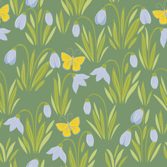 Seamless spring pattern with snowdrop flowers and butterflies. Vector graphics.