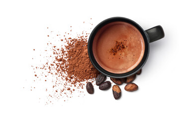 Cocoa drink with cocoa powder and beans isolated on white background.