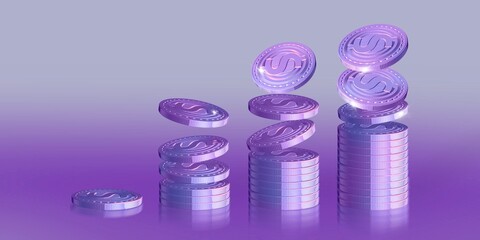 Dollar coins lie in piles.Banner in Veri Peri color. 3d rendering.Close up macro symbol about finance and money.4k.Cryptocurrency with usd.Virtual internet money.Single season.Flying money background