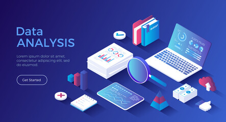 Auditing, business analysis concept. Analytics data. Financial strategy, graphs and charts in economic documents. Isometric landing page. Vector web banner.