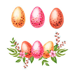 Watercolor colored Easter eggs with flowers on a white background