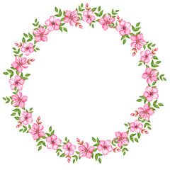 Obraz na płótnie Canvas Watercolor round cherry blossom wreath on white background