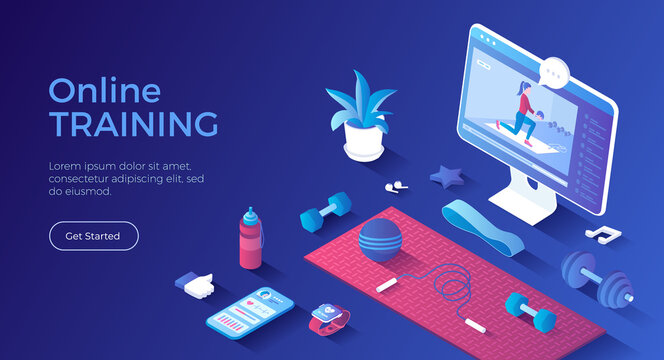 Online training, fitness, gym, workout at home, video exercises. Home sports equipment. Mobile application for tracking results. Isometric landing page. Vector web banner.