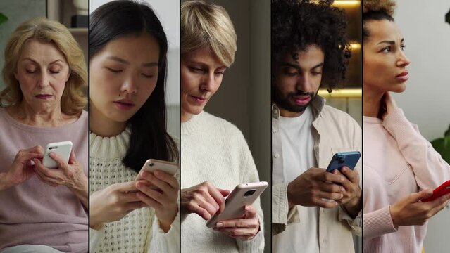 Collage of different people nationalities. Focused diverse races and ages representatives use mobile phone checking social networks. Racial tolerance closeup
