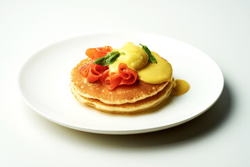 Pancakes with salmon, poached egg and hollandaise sauce in a white plate on a white background. Food for Breakfast
