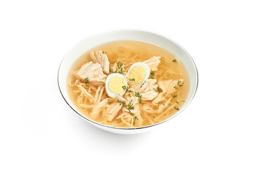 Chicken broth with meat and quail egg in a bowl isolated on a white background