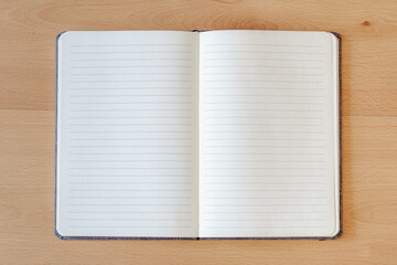 Opened blank book on wooden background, Empty notebook with lines for your diary or short note,...