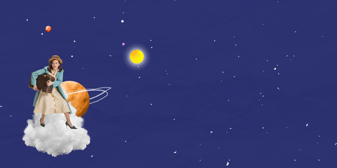 Walk in the sky. Contemporary art collage. Young scared woman dressed in 70s, 80s fashion style strolling isolated on outer space background. Minimalism.