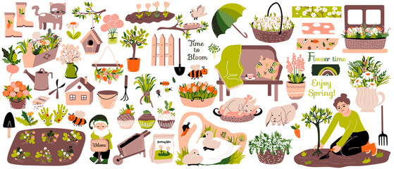 Big Spring set. Different baskets, boxes with flowers, cute animals,  bench, birdhouse and gardening decor, tools. Washi tapes. Vector illustration and text