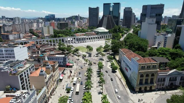 Rio de Janeiro Brazil. Famous Arches of Lapa tourism landmark at downtown Rio de Janeiro Brazil. Postcard of Rio de Janeiro Brazil. Train station overview of downtown city.