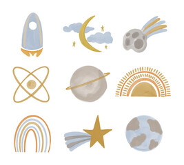 Collection of space objects painted with watercolors in boho style. Hand drawn illustration. Vector eps 10. Solar system for children's room design.