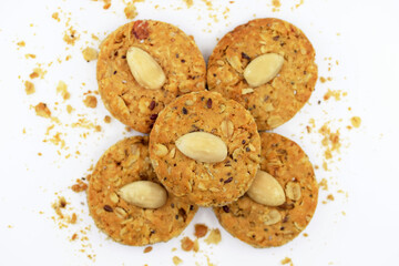 Homemade multigrain cookies with oatmeal, several kinds of seeds and nuts. Healthy eating concept