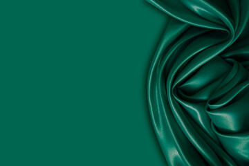 Beautiful elegant wavy dark green satin silk luxury cloth fabric with monochrome background design....