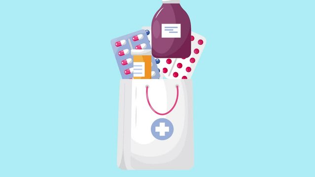 Pharmacy online shop video, animation in cartoon style for Ui, web, homepage. Hand of pharmacist give bag with medications, pills. Bottle, spray, medical bag are shown.
