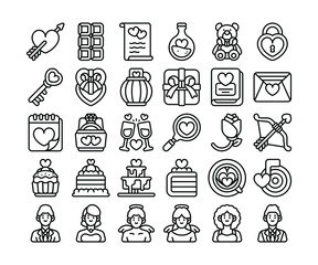 Simple set of 30 Valentines Day icons in detailed color style