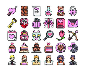 Simple set of 30 Valentines Day icons in detailed outline color style