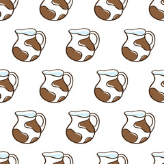 Cute seamless pattern with jugs of milk for textile, fabric manufacturing, wallpaper, covers, surface, print, gift wrap, scrapbooking. Vector.