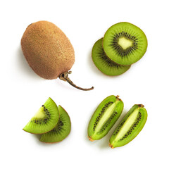 Fototapeta premium Kiwi, kiwifruits isolated. Fresh whole and sliced kiwis on a white background. Top view.