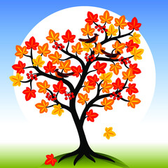 Autumn tree with yellow and red color leaves and berries. Birds on the branches of a tree. Vector illustration.
