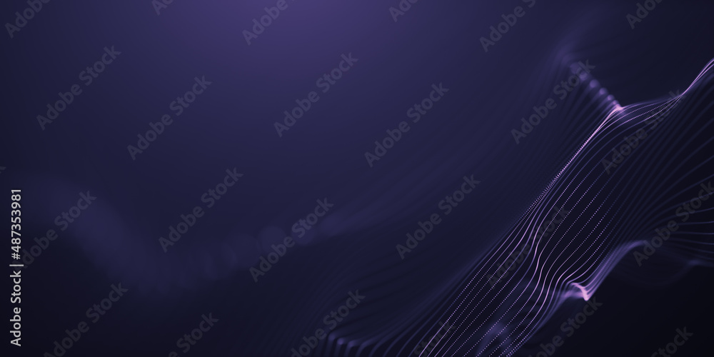 Poster abstract colorful digital particles wave with bokeh and light background, 3d render wave line dot ba
