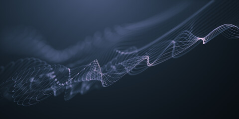 Blue particles wave background. Abstract dynamic mesh. Big data technology. Abstract particular flow dot background, landing page