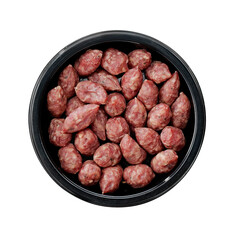 mini smoked sausages in plastic tray isolated on white