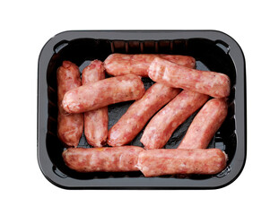 mini smoked sausages in plastic tray isolated on white