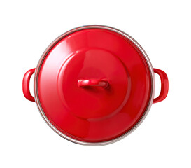 red cast iron enamel frying pan. Dutch oven, isolated on white