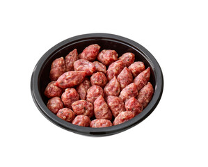 mini smoked sausages in plastic tray isolated on white