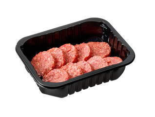 raw mini hamburgers in plastic tay isolated