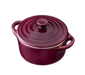 purple cast iron enamel frying pan. Dutch oven, isolated on white
