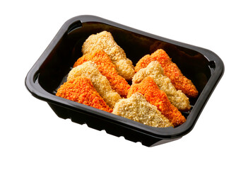 breaded chicken nuggets in plastic tray isolated