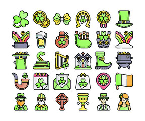 Simple set of 30 St Patrick's Day icon in detailed outline color style