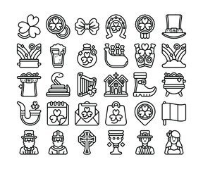 Simple set of 30 St Patrick's Day icon in detailed outline style