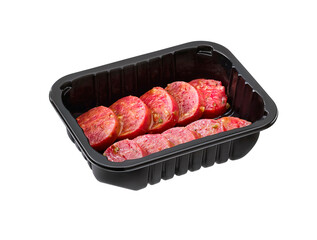 raw mini hamburgers in plastic tay isolated