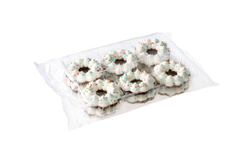 Chistmas wreath cookies in a plastic tray