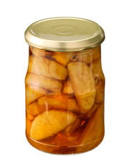 Canned stewed pears in a glass jar