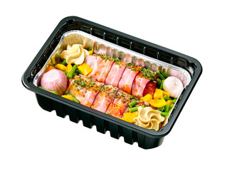 pork tenderloin filet wrapped in bacon with spices in plastic tray